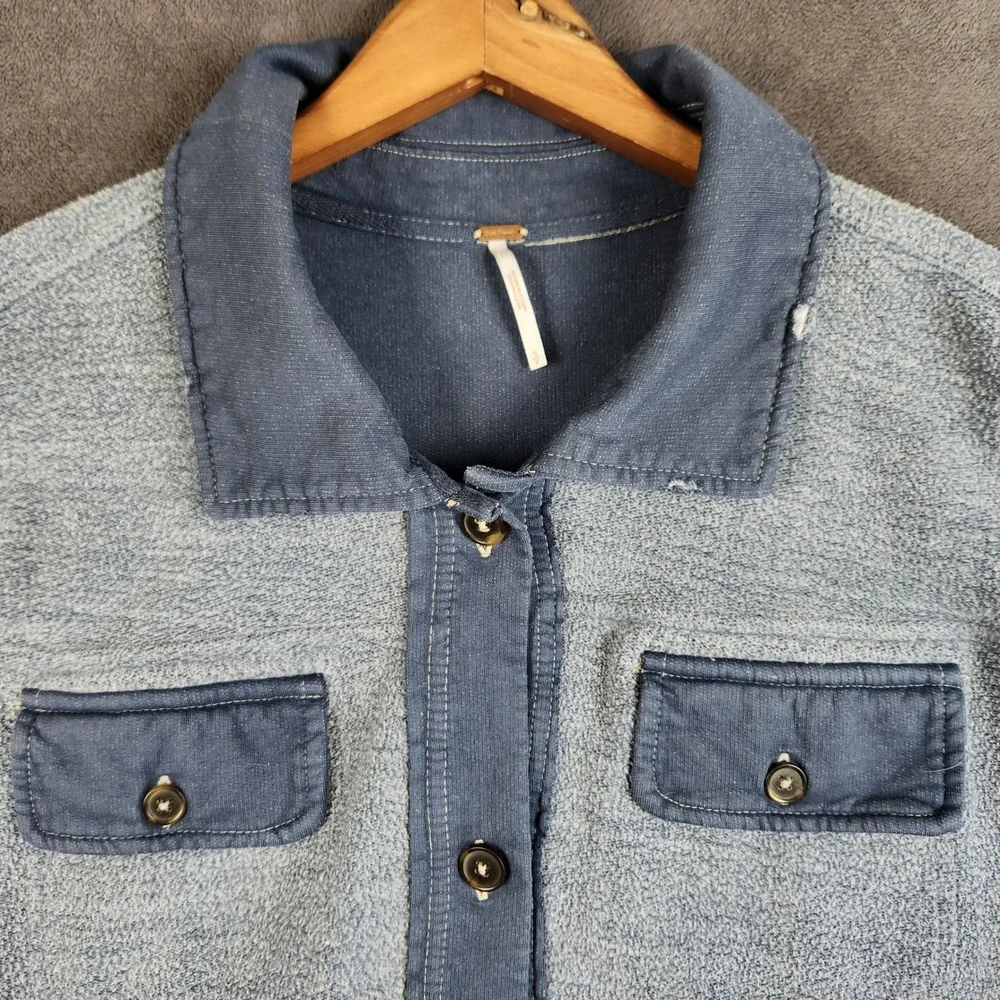 Free People Ruby Fleece Jacket Womens Small Blue Oversized Distressed Button Up